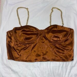 Copper Satin Bustier Top with Gold Chain Straps
